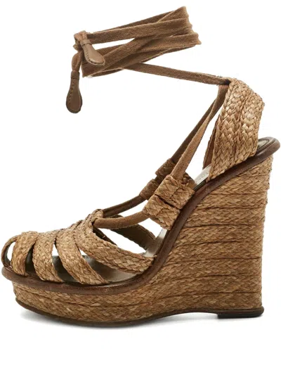 Pre-owned Bottega Veneta Raffia Ankle-wrap Wedges In Brown