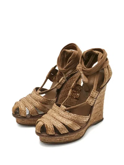 Pre-owned Bottega Veneta Raffia Ankle-wrap Wedges In Brown