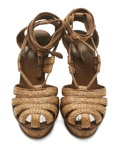 Pre-owned Bottega Veneta Raffia Ankle-wrap Wedges In Brown