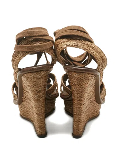 Pre-owned Bottega Veneta Raffia Ankle-wrap Wedges In Brown