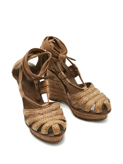 Pre-owned Bottega Veneta Raffia Ankle-wrap Wedges In Brown