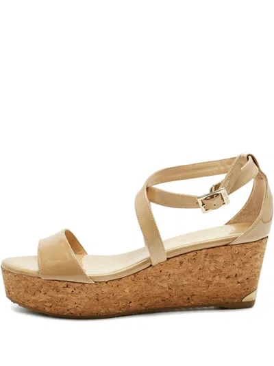 Pre-owned Jimmy Choo Portia Cross-strap Wedge-heel Espadrilles In Neutral