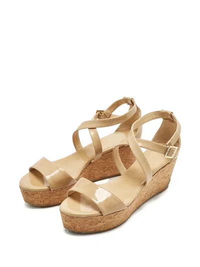 Pre-owned Jimmy Choo Portia Cross-strap Wedge-heel Espadrilles In Neutral