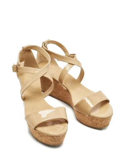 Pre-owned Jimmy Choo Portia Cross-strap Wedge-heel Espadrilles In Neutral
