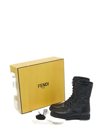 Pre-owned Fendi Karligraphy Jacquard Leather Combat Boots In Black