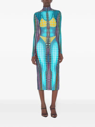 Jean Paul Gaultier High-neck Dots-print Midi Dress In Blue