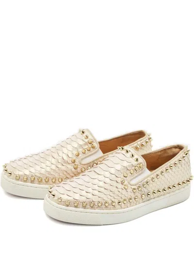 Pre-owned Christian Louboutin Pik Boat Snakeskin Spike Sneakers In Neutral