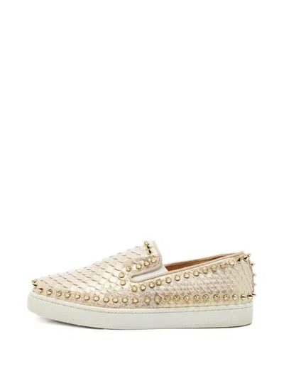 Pre-owned Christian Louboutin Pik Boat Snakeskin Spike Sneakers In Neutral