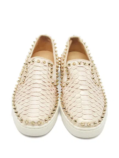 Pre-owned Christian Louboutin Pik Boat Snakeskin Spike Sneakers In Neutral