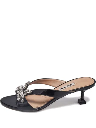 Pre-owned Miu Miu Crystal-embellishment Heeled Slides In Black