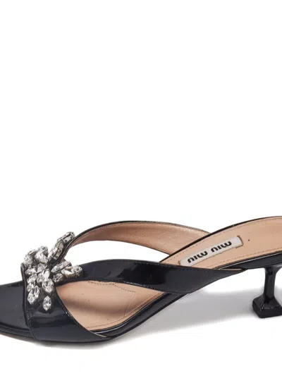 Pre-owned Miu Miu Crystal-embellishment Heeled Slides In Black