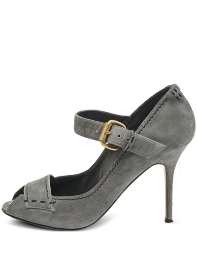 Pre-owned Manolo Blahnik 110mm Suede Buckle Pumps In Gray