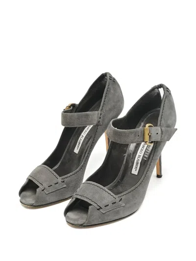 Pre-owned Manolo Blahnik 110mm Suede Buckle Pumps In Gray