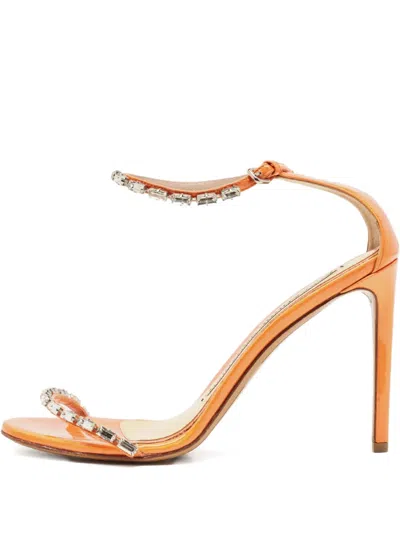 Pre-owned Alexandre Vauthier 100mm Crystal-embellishment Leather Sandals In Orange