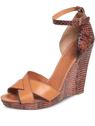Pre-owned Tory Burch  130mm Leather Wedge Sandals In Brown