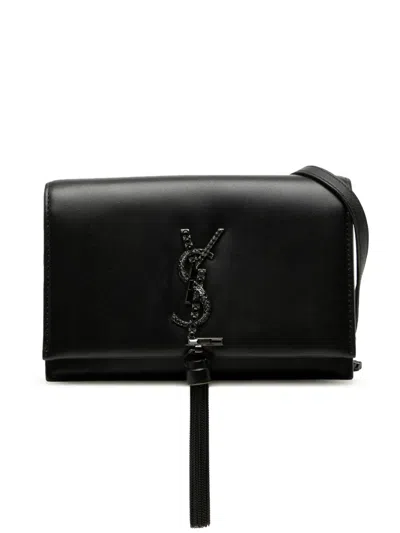 Pre-owned Saint Laurent 2013-2025 Leather Beaded Hardware Monogram Kate Tassel Wallet On Chain Crossbody Bag In Black