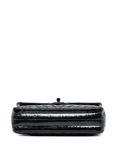 Pre-owned Chanel 2018 Small Classic Chevron Patent So Black Double Flap Shoulder Bag