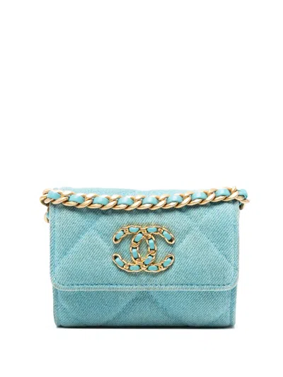 Pre-owned Chanel 2021 Quilted Denim 19 Card Holder With Chain Crossbody Bag In Blue