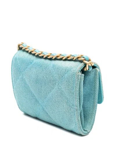 Pre-owned Chanel 2021 Quilted Denim 19 Card Holder With Chain Crossbody Bag In Blue