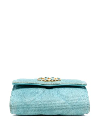 Pre-owned Chanel 2021 Quilted Denim 19 Card Holder With Chain Crossbody Bag In Blue
