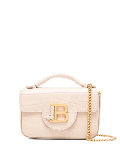Pre-owned Balmain B-buzz 17 Croc-embossed Leather Mini Bag In Neutral