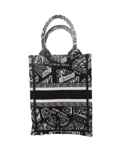 Pre-owned Dior 2022 Mini Plan De Paris Logo Embroidered Canvas Vertical Book Tote Satchel In Black
