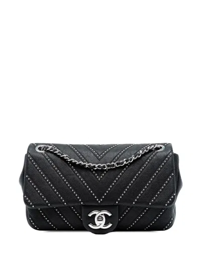 Pre-owned Chanel 2017-2018 Small Chevron Calfskin Stud Wars Flap Crossbody Bag In Black