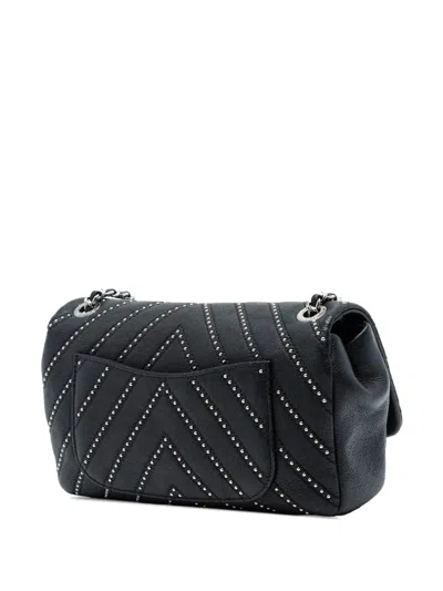 Pre-owned Chanel 2017-2018 Small Chevron Calfskin Stud Wars Flap Crossbody Bag In Black