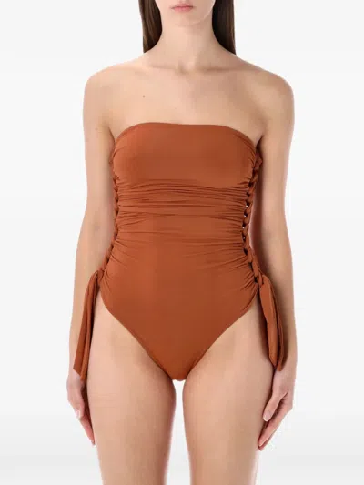 Zimmermann Sculpting Braided Gathered One-piece Swimsuit Size 1 In Brown