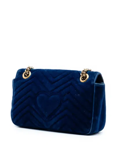 Pre-owned Gucci 2016-2025 Medium Gg Marmont Matelasse Velvet Shoulder Bag In Blue