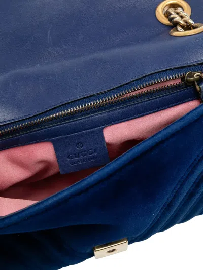 Pre-owned Gucci 2016-2025 Medium Gg Marmont Matelasse Velvet Shoulder Bag In Blue