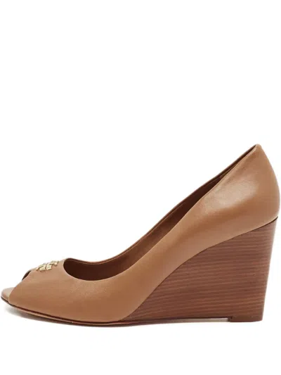 Pre-owned Tory Burch Reva Leather Peep-toe Pumps In Brown