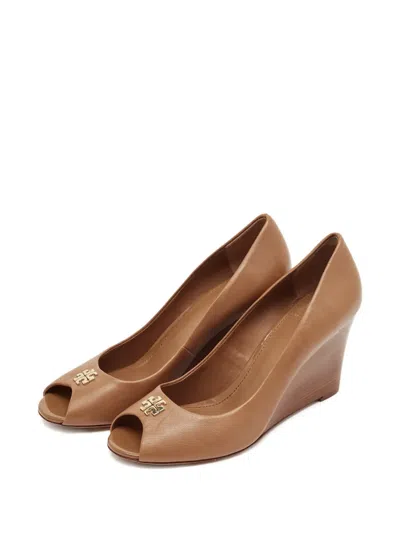 Pre-owned Tory Burch Reva Leather Peep-toe Pumps In Brown
