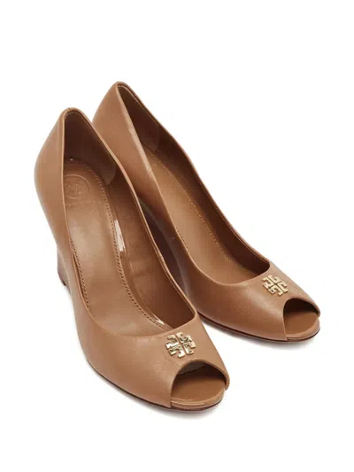 Pre-owned Tory Burch Reva Leather Peep-toe Pumps In Brown