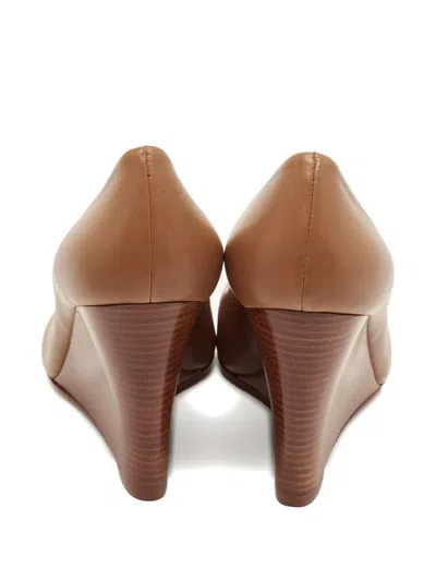 Pre-owned Tory Burch Reva Leather Peep-toe Pumps In Brown