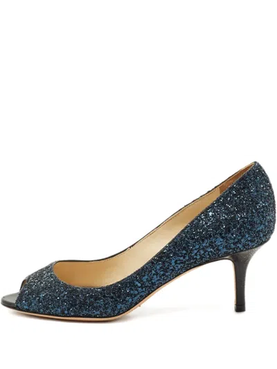 Pre-owned Jimmy Choo Isabel Glitter Peep-toe Sandals In Blue