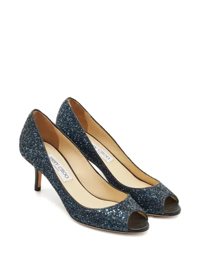 Pre-owned Jimmy Choo Isabel Glitter Peep-toe Sandals In Blue