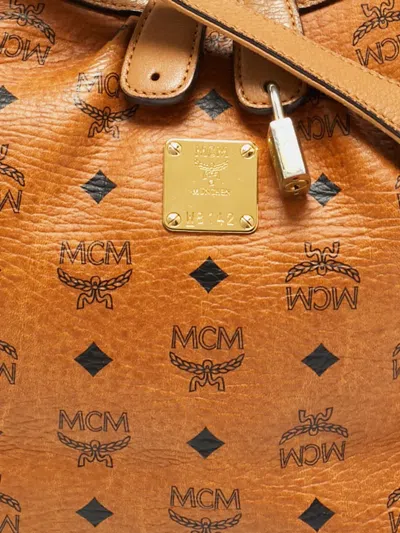 Pre-owned Mcm Visetos Signature-logo Leather Shoulder Bag In Brown