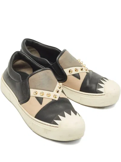 Pre-owned Fendi Karlito Stud-embellished Leather Slip-on Sneakers In Black