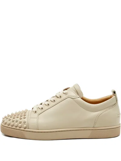 Pre-owned Christian Louboutin Junior Spikes Leather Trainers In Neutral