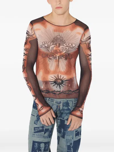 Jean Paul Gaultier Long-sleeves Tattoo-print Top In Neutral