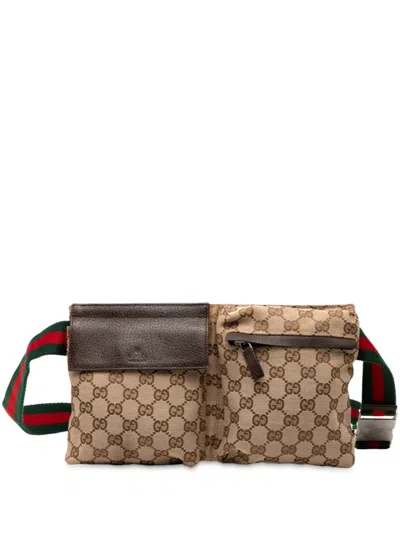Pre-owned Gucci 2000-2015 Gg Canvas Web Double Pocket Belt Bag In Brown