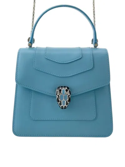 Pre-owned Bvlgari 2017-2025 Small Calfskin Serpenti Forever Top Handle Bag Satchel In Blue