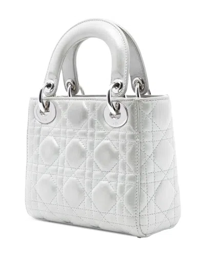 Pre-owned Dior 2016 Mini Iridescent Lambskin Cannage Lady  Satchel In Silver