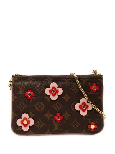 Pre-owned Louis Vuitton 2018 Monogram Blooming Flowers Double Zip Pochette Crossbody Bag In Brown