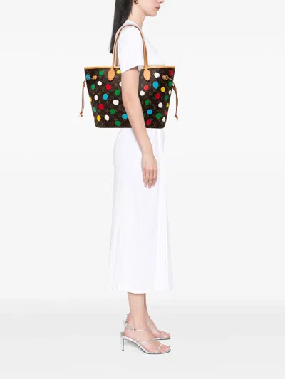 Pre-owned Louis Vuitton 2021-2025 Yayoi Kusama Monogram Painted Dots Neverfull Mm Tote Bag In Brown