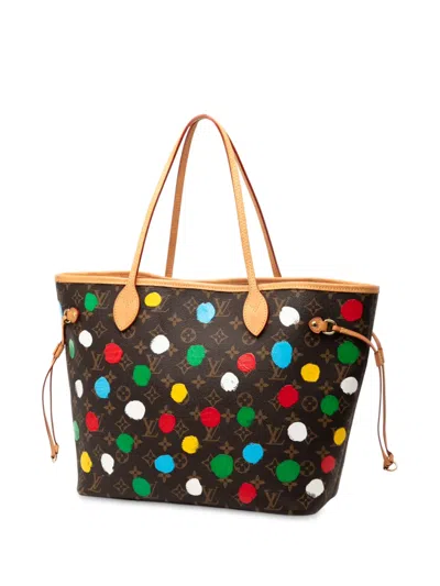 Pre-owned Louis Vuitton 2021-2025 Yayoi Kusama Monogram Painted Dots Neverfull Mm Tote Bag In Brown