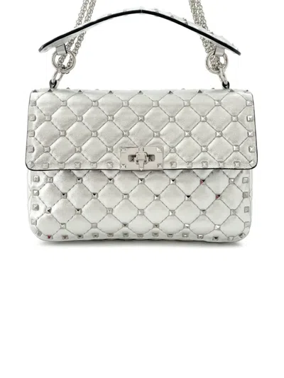 Pre-owned Valentino Garavani 2000-2017 Medium Lambskin Rockstud Spike Satchel In Silver