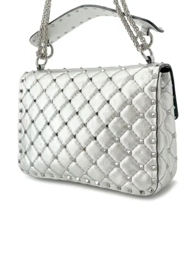 Pre-owned Valentino Garavani 2000-2017 Medium Lambskin Rockstud Spike Satchel In Silver