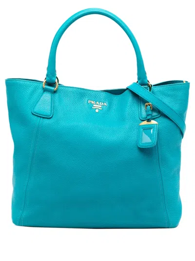Pre-owned Prada 2000-2025 Vitello Daino Open Convertible Tote Satchel In Blue